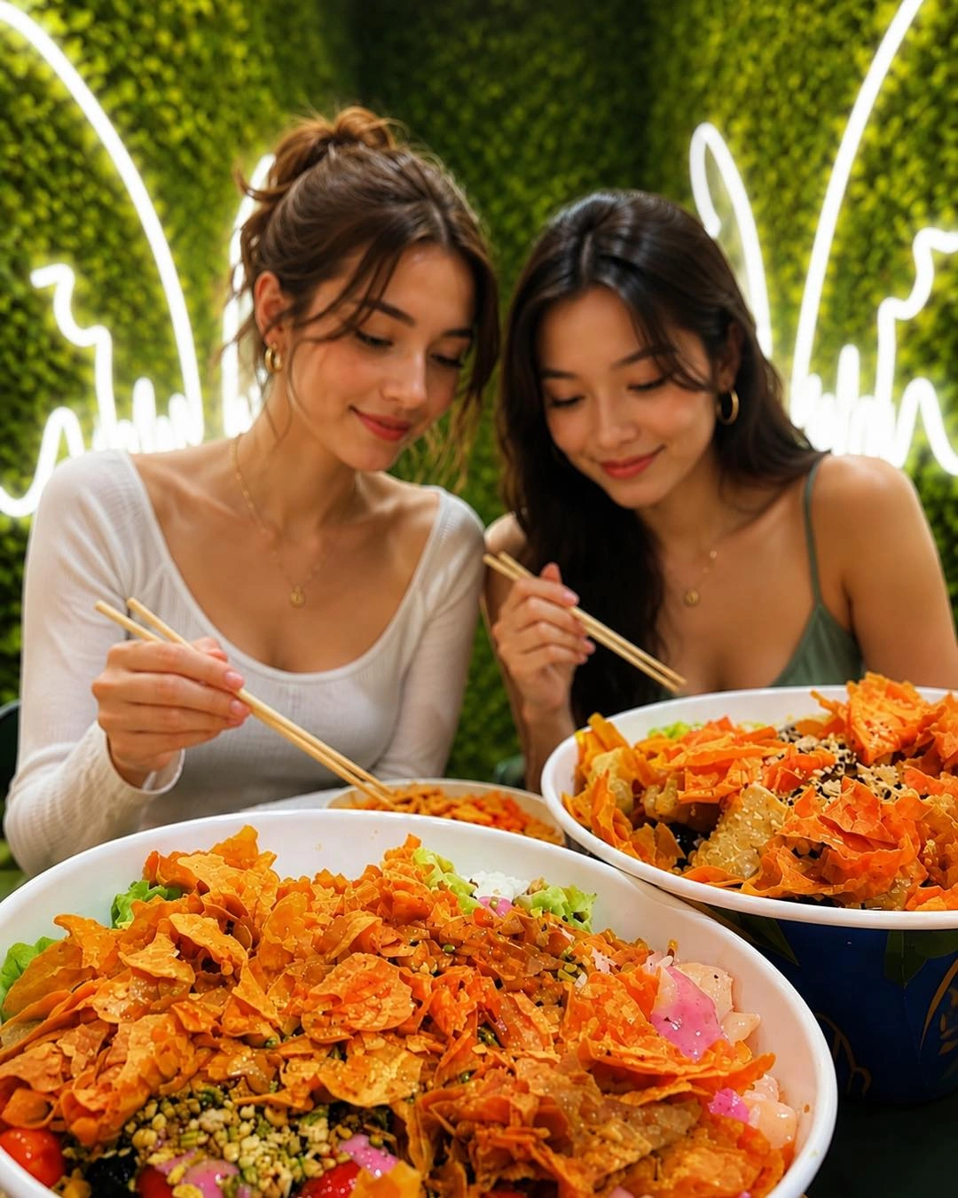 Due amiche gustano insieme una poke bowl My Pokè con bacchette, sotto un arco al neon con motivo di foglie